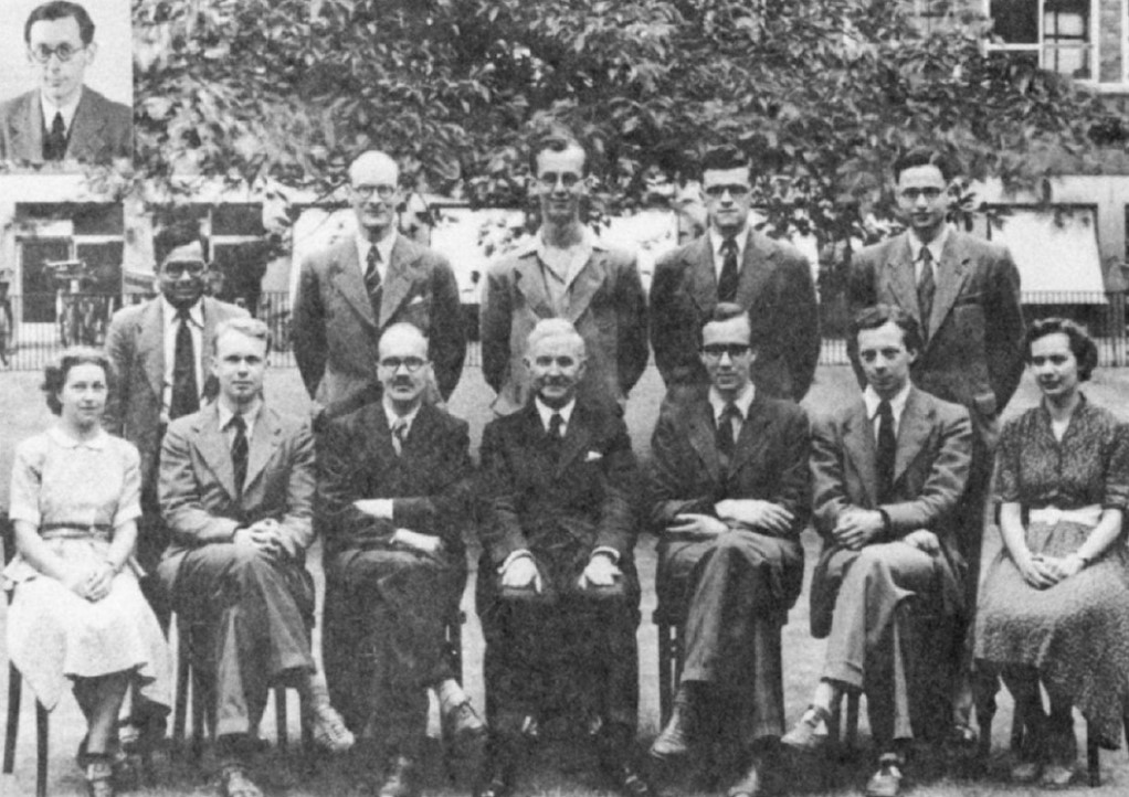 Cambridge Theoretical Chemistry group, 1950. In the first row, Sir John Lennard-Jones is in the centre and Frank Boys is third from the left. The inset is John Pople. Copyright unknown.